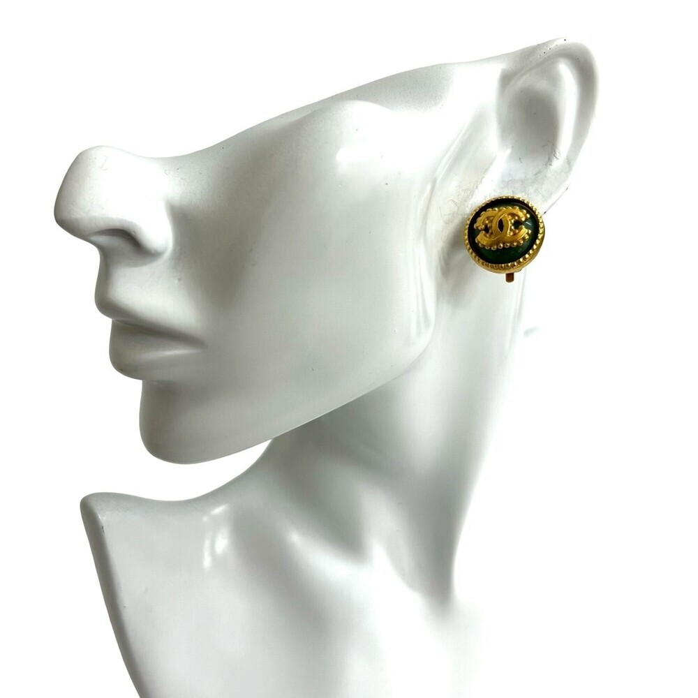 CHANEL Green Logo Earrings